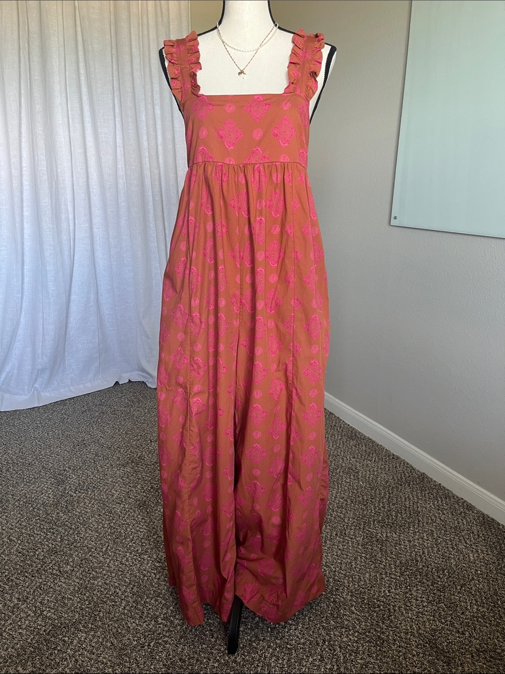 Free People Katya Printed One Piece Jumpsuit XS Rust Pink Balloon Leg Pockets